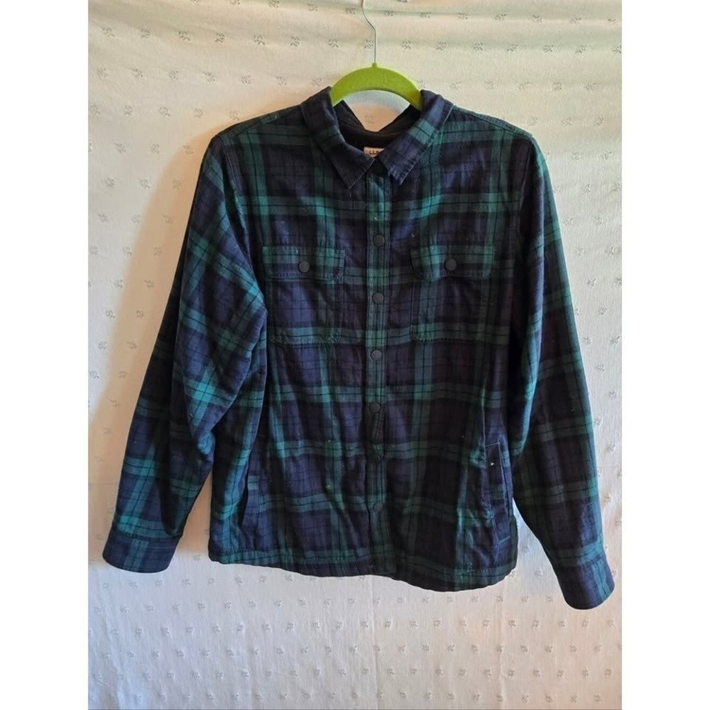 L.L. Bean Dark Green and Navy Plaid Fleece Lined Button-Up Jacket Shacket Size M